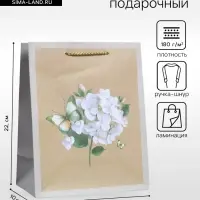 Пакет подарочный ламинированный &laquo;Белая гортензия&raquo;, серо - бежевый, 18&times;22.3&times;10 см