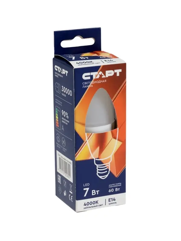 Лампа светодиодная СТАРТ, 7 Вт, Е14, С37, 4000К, 560 Лм, свечение нейтральное белое