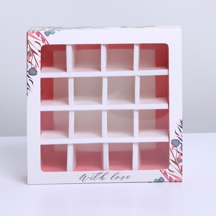 Коробка для конфет, кондитерская упаковка, 16 ячеек, With love, 17.7 х 17.7 х 3.8 см Коробка для конфет, кондитерская упаковка, 16 ячеек, With love, 17.7 х 17.7 х 3.8 см
