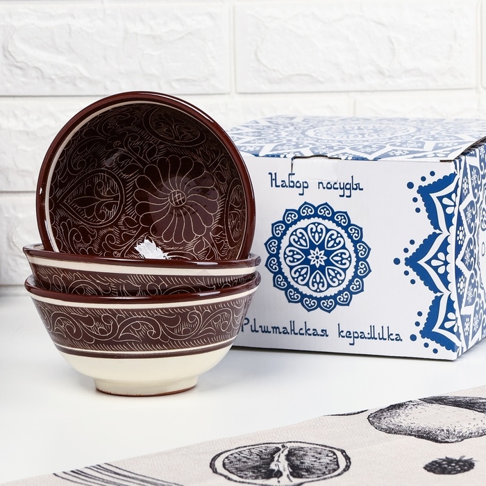 Набор салатников Риштанская керамика Набор салатников Риштанская керамика "Узоры", 15см, 3 шт, в подарочной упаковке, коричневые