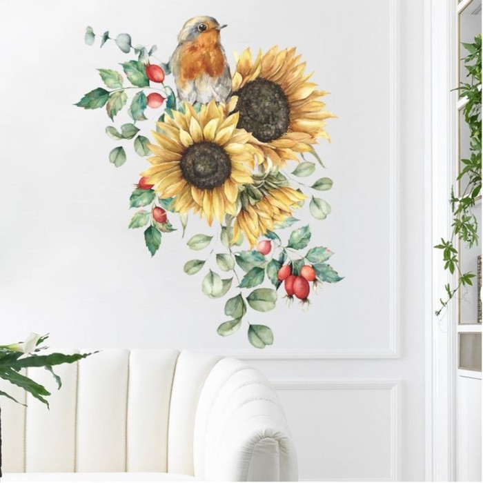 Наклейка пластик интерьерная цветная Наклейка пластик интерьерная цветная "Подсолнухи с птичкой" 39х47 см