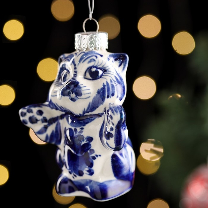 Ёлочная игрушка Ёлочная игрушка "Кошка", гжель, фарфор, h=8см