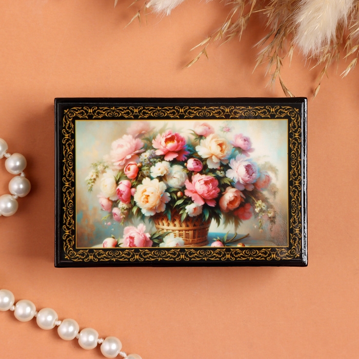 Шкатулка «Букет пионов в корзине», черная, 6×9 см, лаковая миниатюра