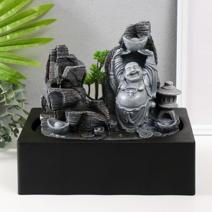 Фонтан настольный от сети, подсветка  Фонтан настольный от сети, подсветка "Хотей со слитком в каменном городе" 29х21х26 см