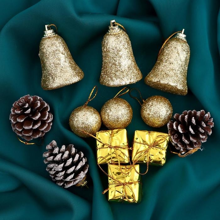 Набор украшений пластик 12 шт Набор украшений пластик 12 шт "Сочельник" (3 шишки, 3 подарка, 3 шара, 3 колокольчиков) микс