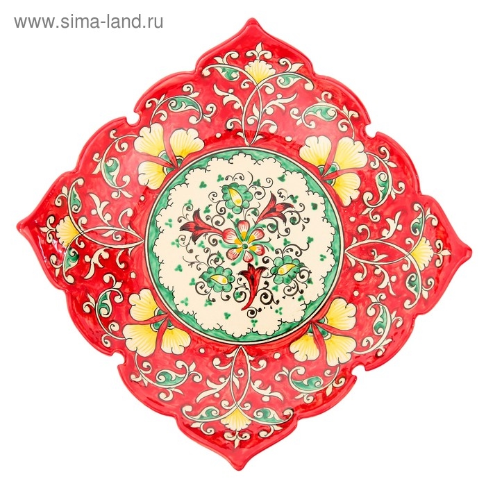 Фруктовница Риштанская Керамика  Фруктовница Риштанская Керамика "Цветы", 33 см, квадратная, красная