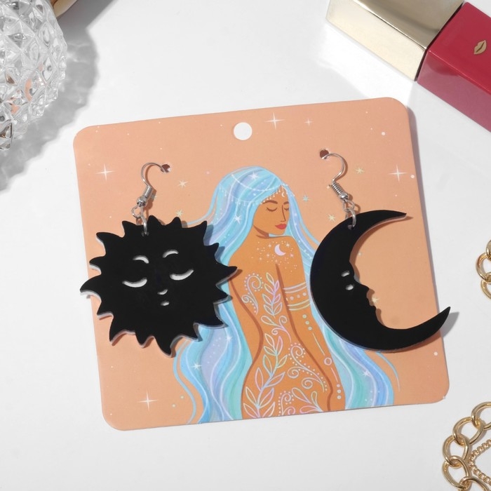 Серьги акрил &laquo;Полумесяц и солнышко&raquo;, цвет чёрно-белый в серебре