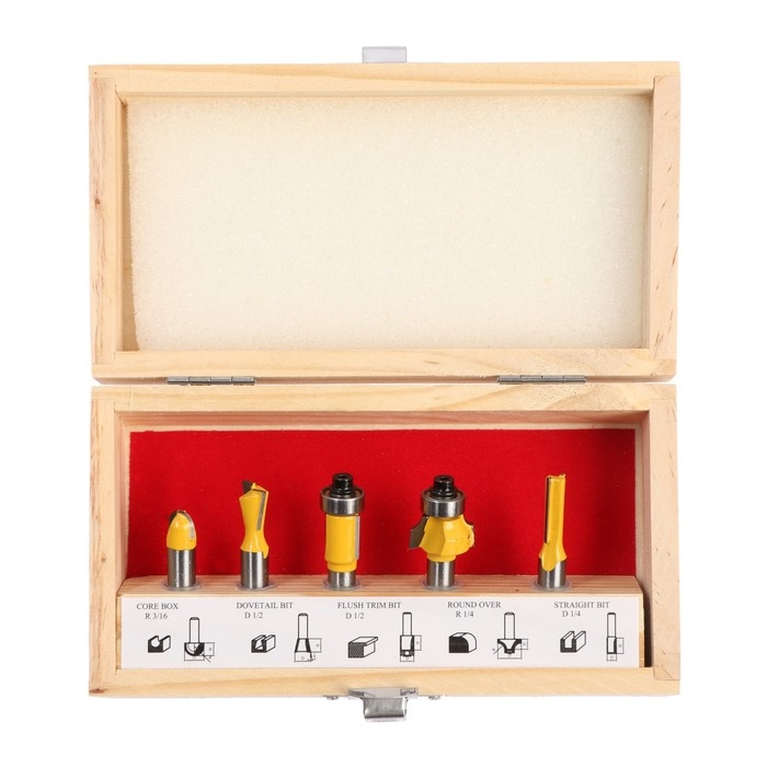 Набор фрез по дереву ТУНДРА, деревянный ящик, хвостовик 8 мм, 5 шт. Набор фрез по дереву ТУНДРА, деревянный ящик, хвостовик 8 мм, 5 шт.