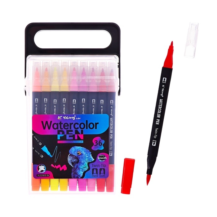 Набор маркеров 36 цветов, двусторонние, черный корпус  в пластиковом пенале Набор маркеров 36 цветов, двусторонние, черный корпус  в пластиковом пенале