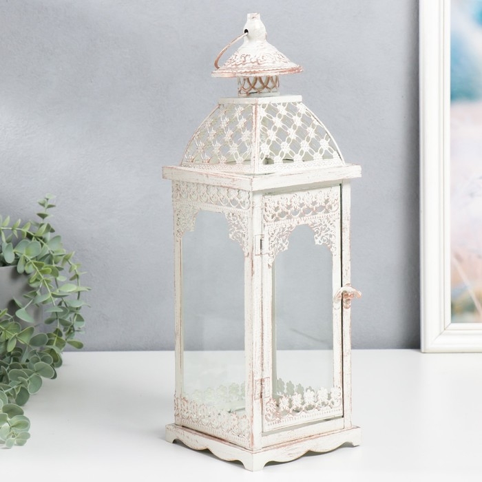 Подсвечник металл "Фонарь - белые кружева" набор 2 шт белый 17х17х52, 13х13х39,5 см