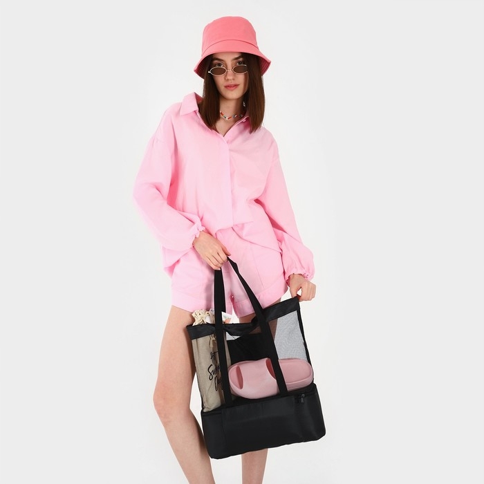 Сумка - шопер пляжная c термо-карманом , 42х37х15 см, чёрный цвет Сумка - шопер пляжная c термо-карманом , 42х37х15 см, чёрный цвет