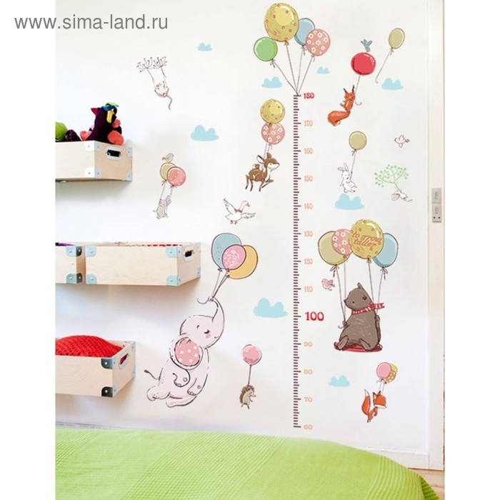 Наклейка пластик интерьерная ростомер  Наклейка пластик интерьерная ростомер "Зверята с воздушными шариками" 60х90 см