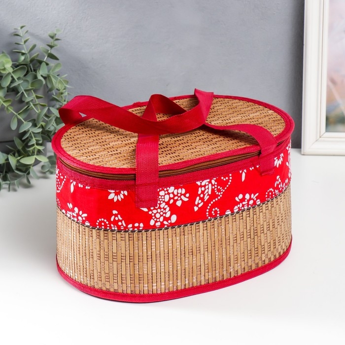 Шкатулка бамбук Шкатулка бамбук "Цветы на красном" с ручками, молния 16х20х30 см