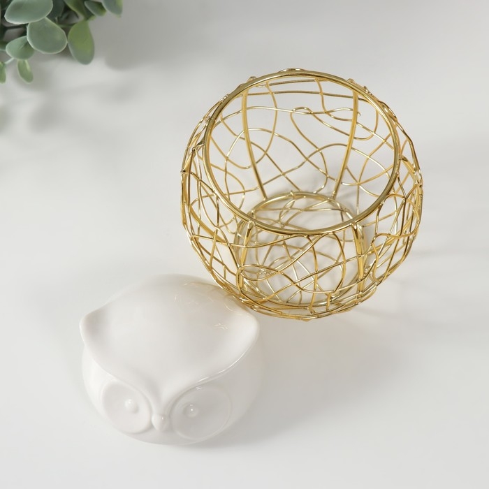 Шкатулка металл, керамика  Шкатулка металл, керамика "Филин. Каракули" белая 10х10х11,5 см