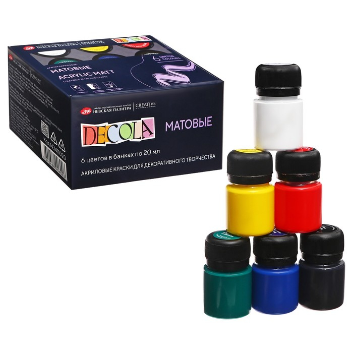 Краска акриловая, набор 6 цветов х 20 мл, Matt, ЗХК Decola, матовые, 143411020 Краска акриловая, набор 6 цветов х 20 мл, Matt, ЗХК Decola, матовые, 143411020