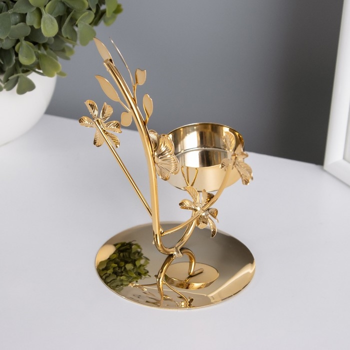 Подсвечник на 1 свечу металл d=4 см "Весенние цветы" золото 7,7х11,8х12,5 см