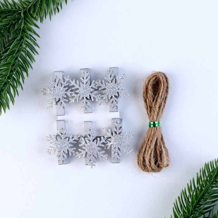 Прищепки для декора «Снежинки» серебряные, 6 шт. Прищепки для декора «Снежинки» серебряные, 6 шт.