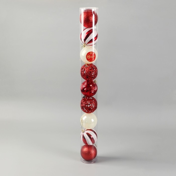 Набор шаров пластик d-8 см, 9 шт Набор шаров пластик d-8 см, 9 шт "Мелодия" орнамент полосы, бело-красный