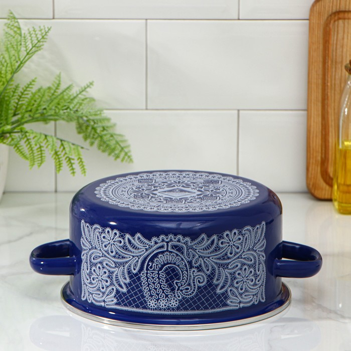 Кастрюля эмалированная «Вологодское кружево», 3 л, индукция, цвет синий Кастрюля эмалированная «Вологодское кружево», 3 л, индукция, цвет синий
