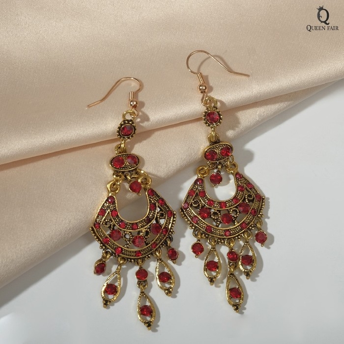 Серьги висячие со стразами «Восток» веер, цвет красный в чернёном золоте, 9см Серьги висячие со стразами «Восток» веер, цвет красный в чернёном золоте, 9см