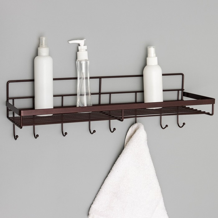 Полка бытовая с крючками Доляна, 40,4×13,3×12,5 см, цвет коричневый Полка бытовая с крючками Доляна, 40,4×13,3×12,5 см, цвет коричневый