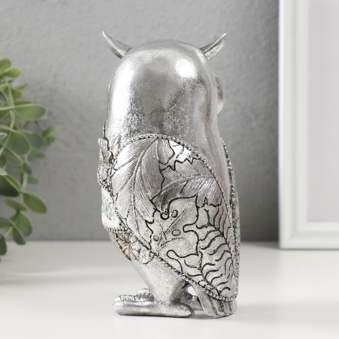 Сувенир полистоун "Серебряный филин с цветами" 7,5х7,5х16 см