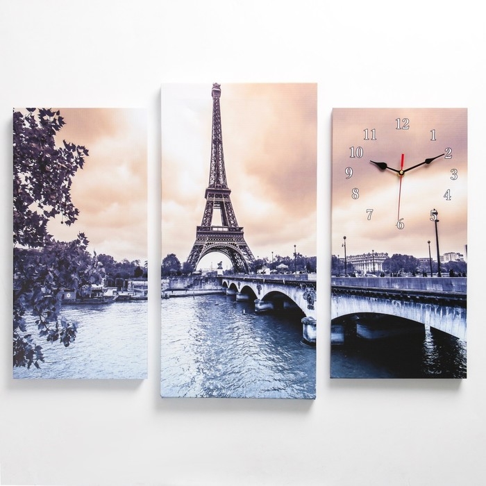 Часы-картина настенные, модульные  Часы-картина настенные, модульные "Эйфелева Башня", бесшумные, 60 х 80 см, триптих