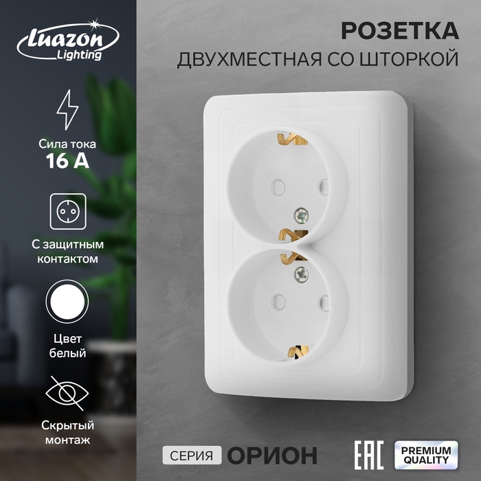 Розетка двухместная со шторкой Luazon Lighting  Розетка двухместная со шторкой Luazon Lighting "Орион", 16 А, скрытая, с з/к, белая