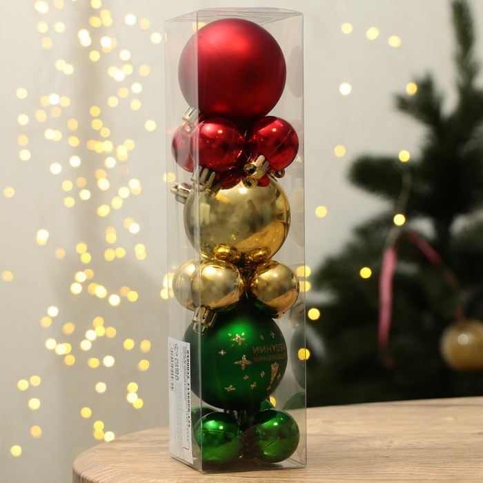 Шары ёлочные новогодние, на Новый год, d=3 и d=6, 15 шт., цвет красный, зелёный и золотой Шары ёлочные новогодние, на Новый год, d=3 и d=6, 15 шт., цвет красный, зелёный и золотой