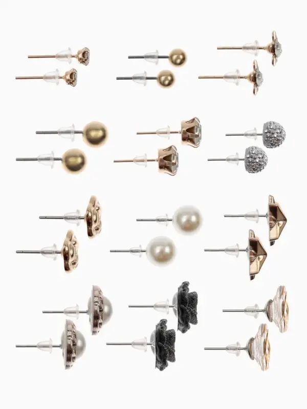 Серьги пусеты 12 пар One year, романтика, бело-серые в золоте