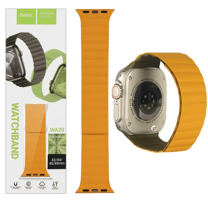 Ремешок для Apl watch 42/44/45/49mm WA29 magnetic silicone strap Army green/bright yellow HOCO