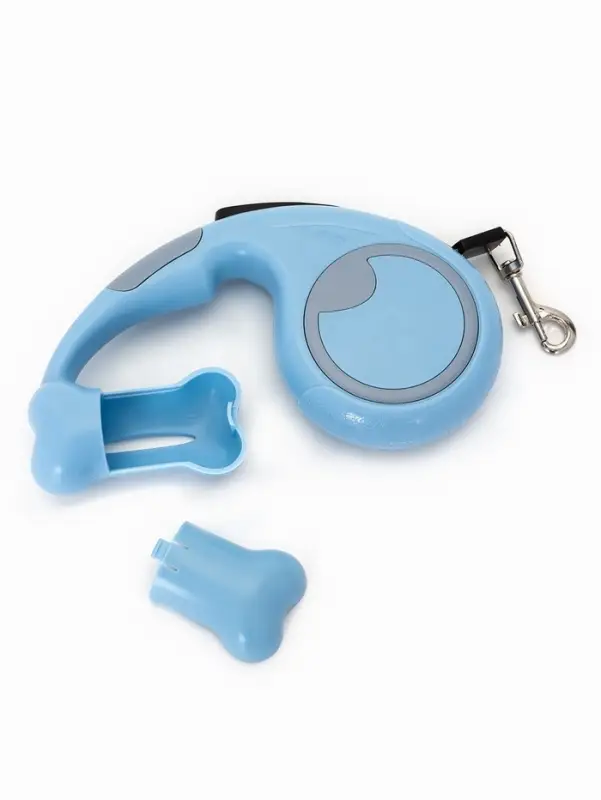 Рулетка - поводок Рулетка - поводок "Косточка", с контейнером для пакетов, трос 3 м, голубая/серая