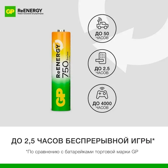 Аккумулятор GP, Ni-Mh, AAA, HR 03-2BL, 1.2 В, 750 мАч, блистер, 2 шт. Аккумулятор GP, Ni-Mh, AAA, HR 03-2BL, 1.2 В, 750 мАч, блистер, 2 шт.