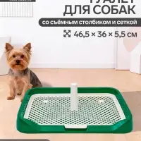 Туалет для собак, 46.5&times;36&times;5.5 см, со съёмной решеткой и столбиком, зелёный