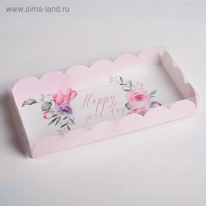 Коробка для печенья, кондитерская упаковка с пластиковой крышкой, Happy your day, 21 х 10.5 х 3 см Коробка для печенья, кондитерская упаковка с пластиковой крышкой, Happy your day, 21 х 10.5 х 3 см