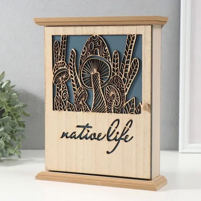 Ключница настенная &laquo;Грибы&raquo;, дерево, 6 крючков, бежево-синяя, 6.2&times;19.5&times;25.2 см