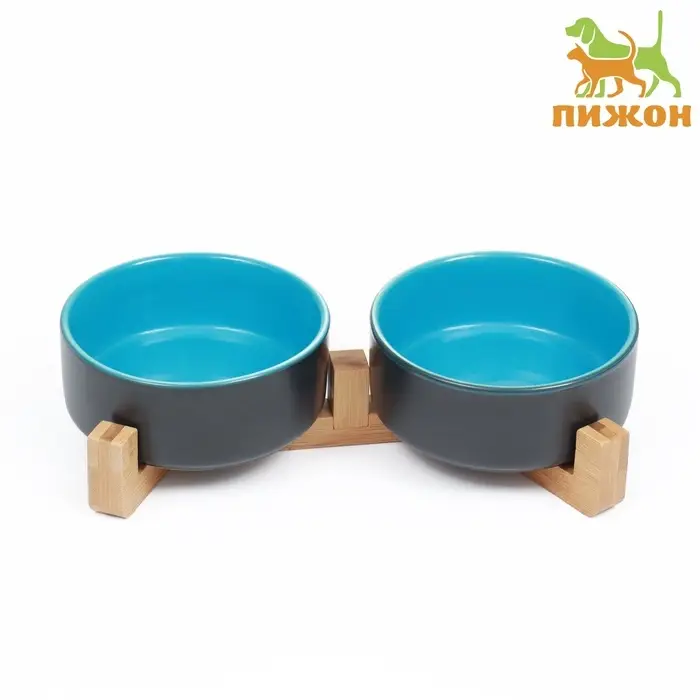 Миски, 450 мл, 28.5&times;15.5&times;7 с, 2 шт., на подставке, керамика, серая, голубая