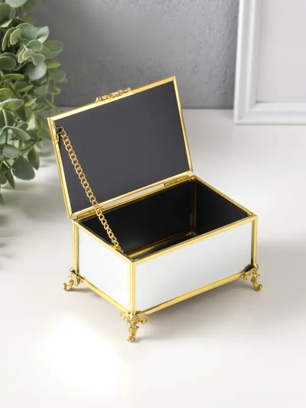 Шкатулка стекло с металлическим каркасом "Зеркальная на ножках" золото 12х8х7,3 см