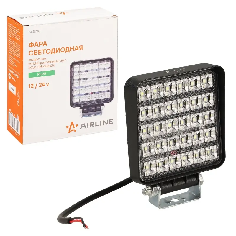 Фара светодиод. квадратная, 30LED, ближний свет, 30Вт, 108х108х37мм, 12/24В, PLUS