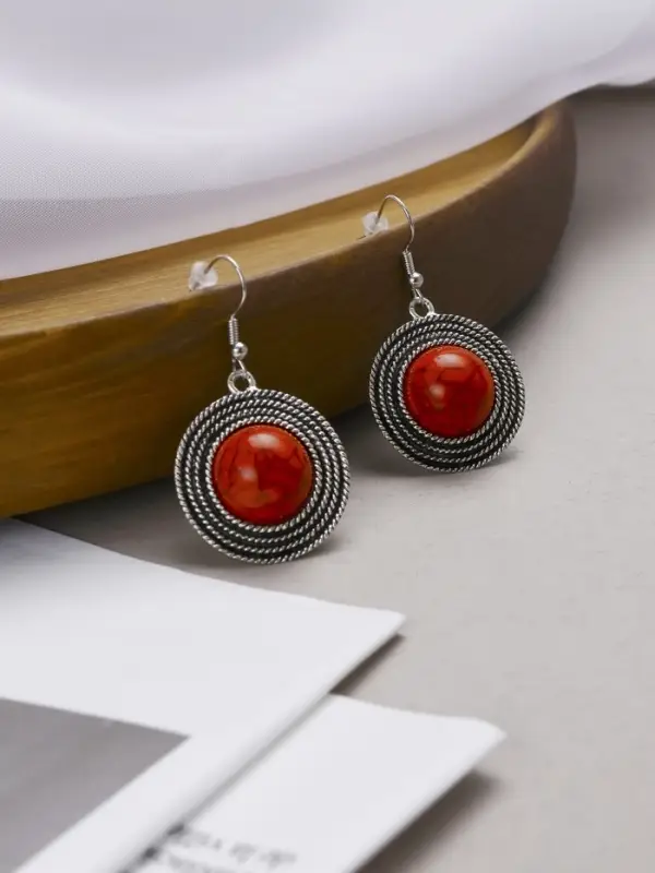 Серьги &laquo;Круг&raquo;, винтаж, красные в чернённом серебре
