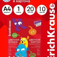 Набор цветной бумаги и картона А4 ErichKrause Jolly Friends, 20 листов, 10 цветов, 6 штук, на клею