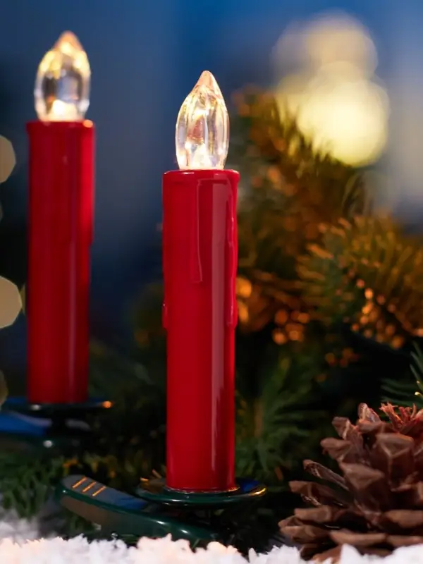 Светодиодные «Свечи на прищепках красные» 11 см, набор 10 шт, 10 LED, от батареек ААх10, пульт, свечение тёплое белое