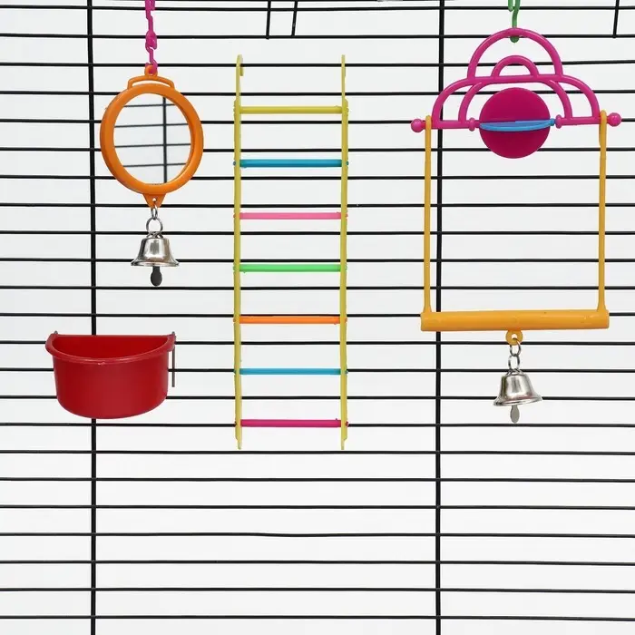 Набор игрушек для птиц, 35&times;28 см, 5 предметов: ванночка, кормушка, зеркальце, качели, лесенка