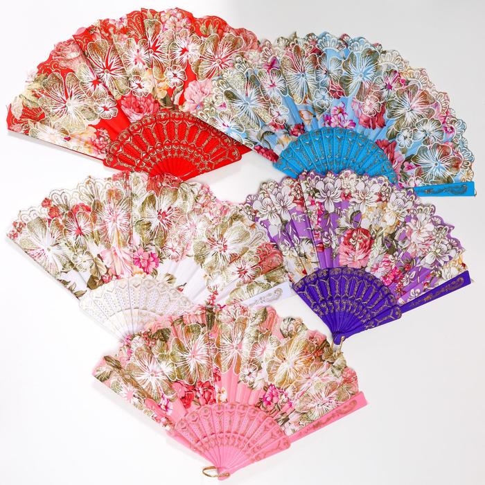 Веер пластик, текстиль  Веер пластик, текстиль "Цветочный рай" широкие лопасти, блёстки МИКС 23 см