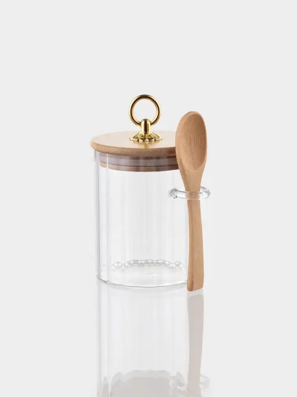 Сахарница BellaTenero, 500 мл, 8&times;8&times;10.4 см, с бамбуковой крышкой, держателем для ложки, стекло, прозрачная