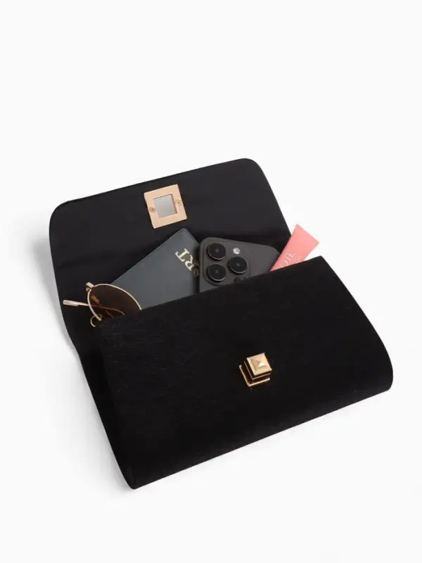 Сумка-клатч женская вечерняя на клапане, на длинной цепочке, однотонная, чёрная