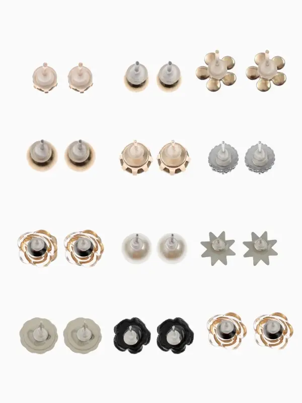 Серьги пусеты 12 пар One year, романтика, бело-серые в золоте