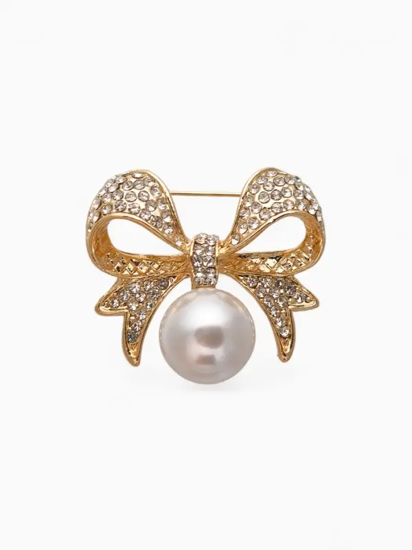 Брошь &laquo;Жемчужинка&raquo;, классический бантик, белая в золоте