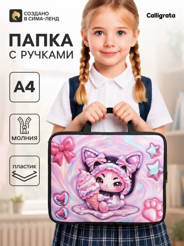 Папка с ручками Calligrata &laquo;Кошечка&raquo;, А4, 75 мм, 328&times;260, пластик