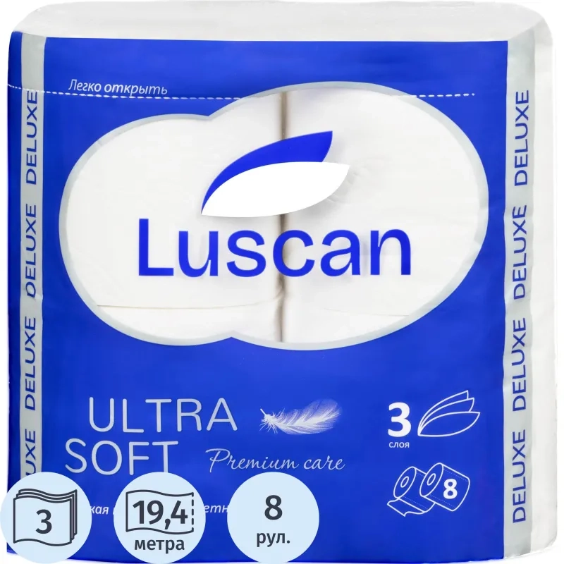 Бумага туалетная Luscan Deluxe 3сл бел 100%цел втул 19,35м 155л 8рул/уп